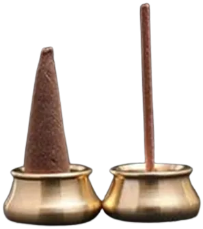 Dhoop cone and incense stick burning in brass holders